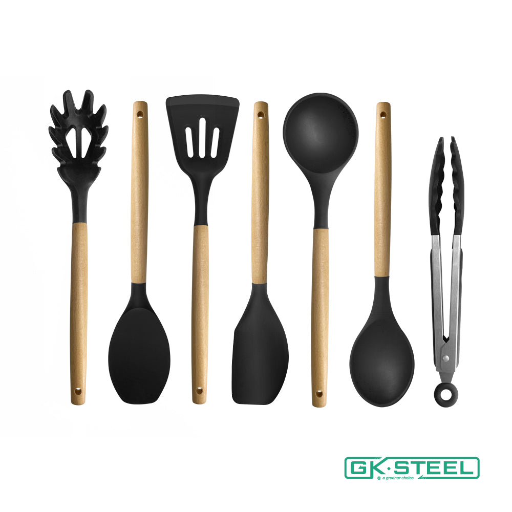 【美國GK STEEL】原木柄矽膠廚具7件組