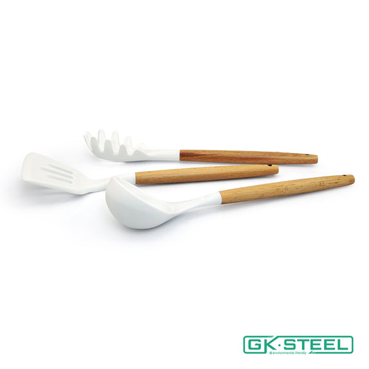 【美國GK STEEL】白色木紋矽膠廚具3件組(煎鏟+湯勺+撈麵勺)